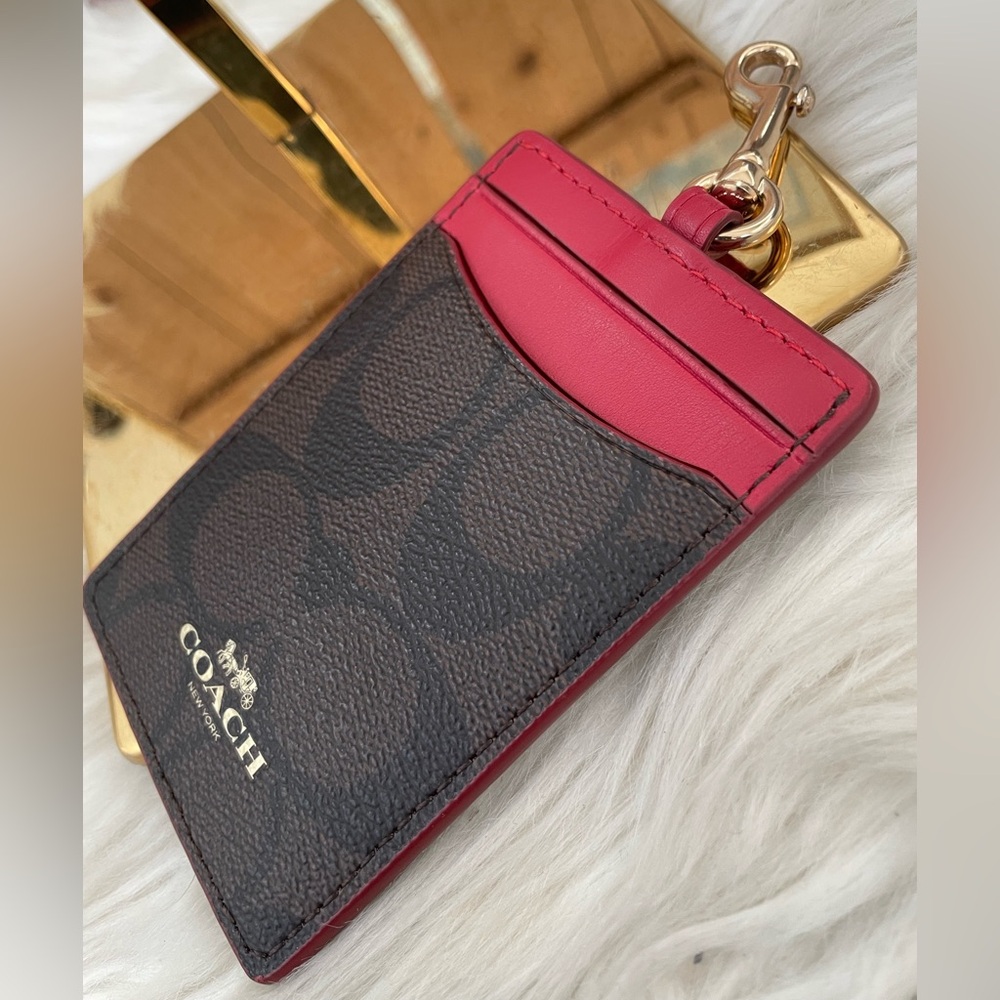 Coach Brown Signature Cardholder with Red Trim and Gold Hardware Unisex - Picture 6 of 8